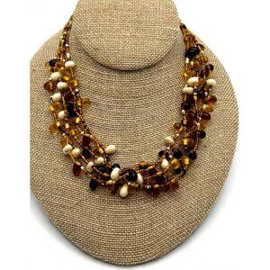 Vintage Brown Multi Strand Necklace Glass Beads Earthtones Boho Chic Fashion
